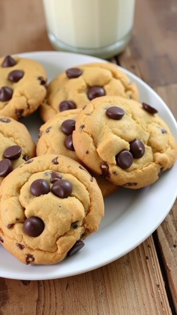 A plate of golden brown chocolate chip cookies with melted chocolate chips, next to a glass of milk.